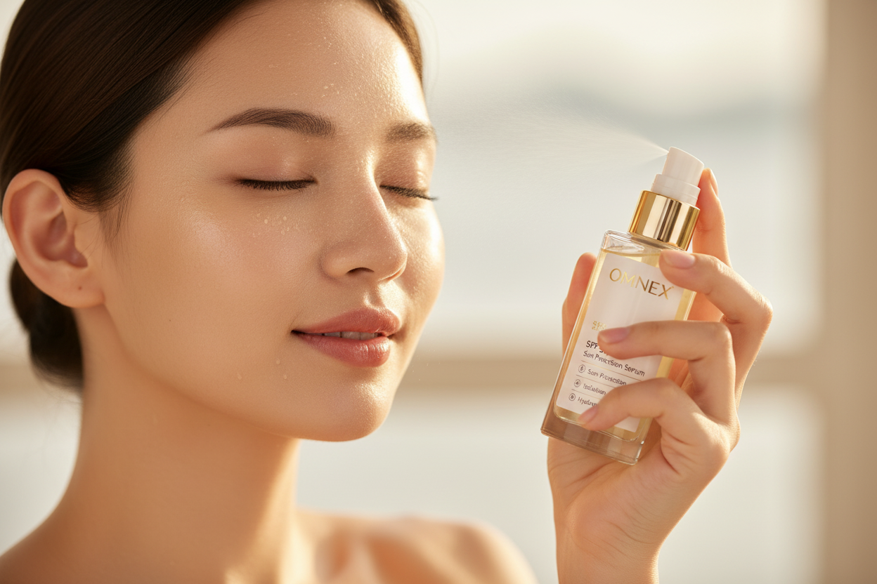 OMNEX SPF 50 Sun Protection Serum Spray lifestyle shot